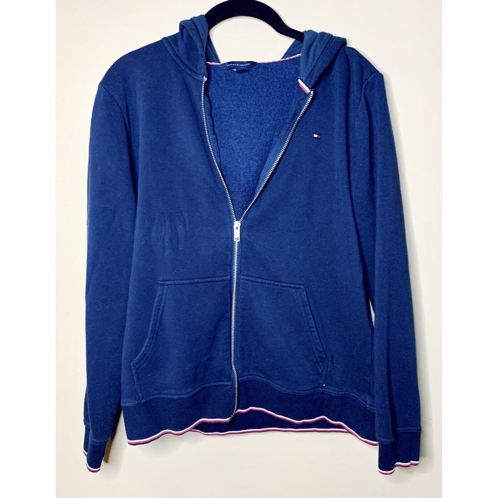 Tommy Hilfiger Zip Up Hoodie Women’s Navy Blue Sweater Size Medium With Pockets
